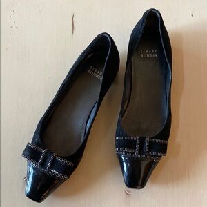 Stuart Weitzman Womans Black Suede Ballet Flat with Zipper Bow